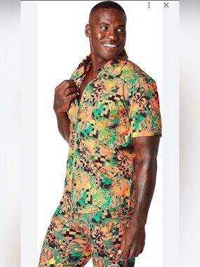 Zumba Fitness Men's Get Tropical Short Sleeve Button Up Men's Top and Shorts Set